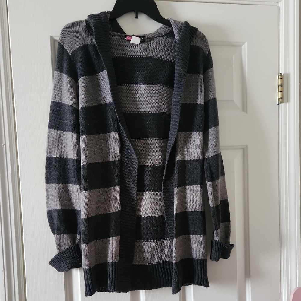 Y2K Say What? Hooded Striped Cardigan in Black & Gray